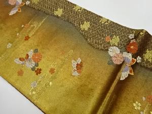 リサイクル　ヱ霞に蝶・花々模様織出し袋帯